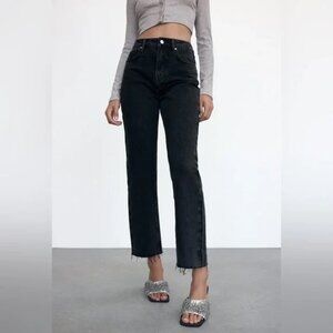 Zara (US4) Black High Rise Straight Jean- Distressed Hem, Ankle Length
